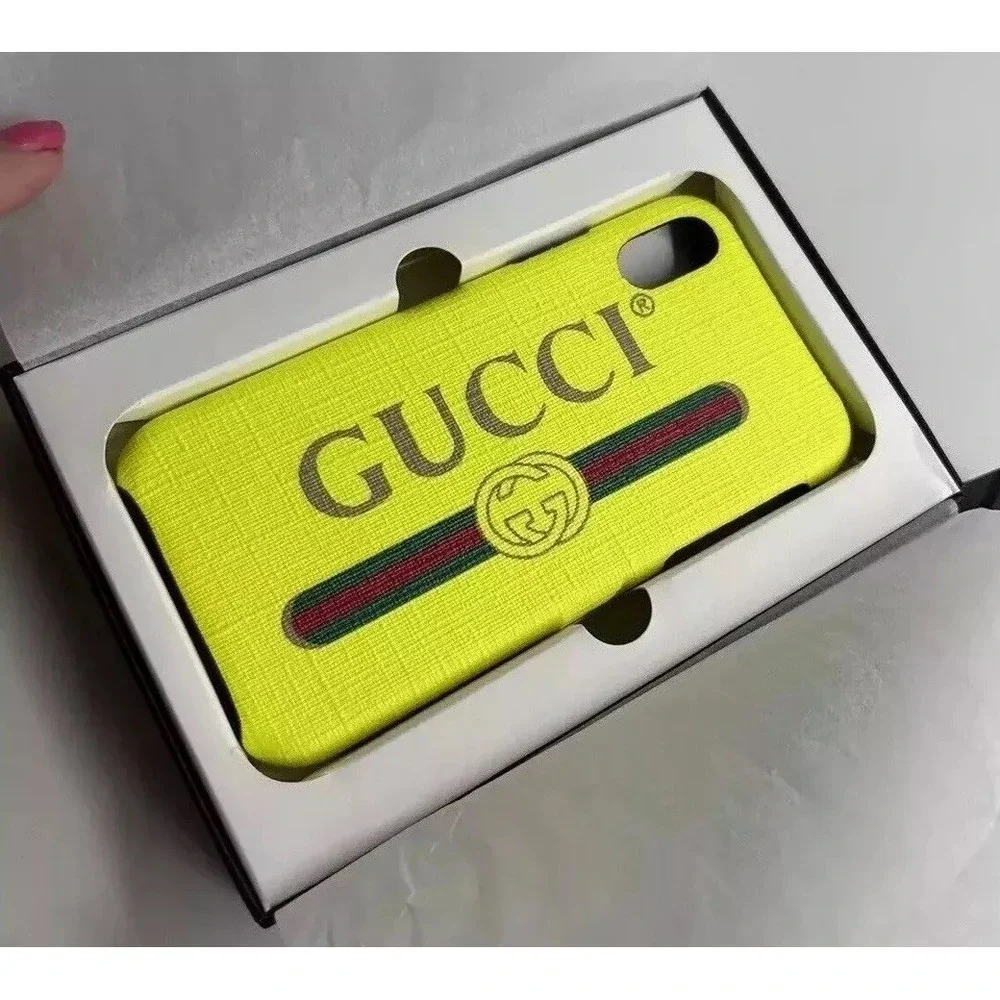 Gucci Spellout Box & Fluorescent Yellow iPhone X Textured Case Retro Logo